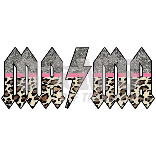 Bold 'MAMA' DTF transfer design with leopard print, lightning bolts, and glitter for a trendy Mother's Day look.