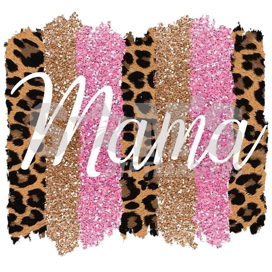 Trendy 'Mama' DTF transfer design with a mix of leopard print and sparkling pink and gold glitter.