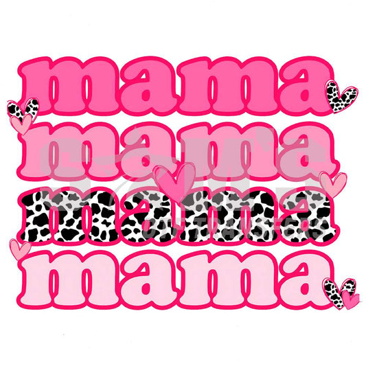 Playful 'mama' in bold pink letters with leopard print and heart accents, a fun DTF transfer design for Mother's Day.