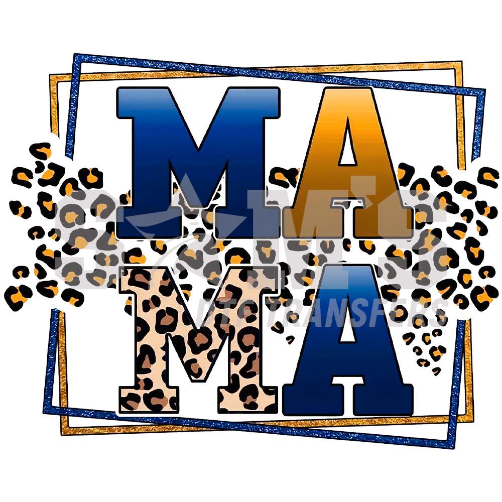 Elegant 'MAMA' text DTF transfer with leopard print and glitter frame, ready for pressing on Mother's Day garments.