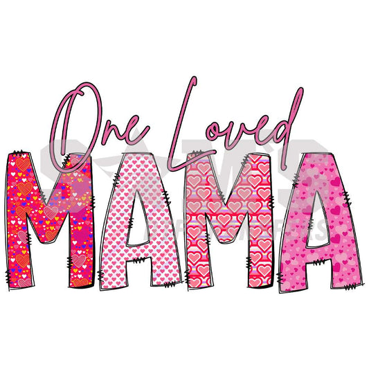 Colorful 'One Loved Mama' DTF transfer design with an assortment of vibrant hearts for a spirited Mother's Day tribute.