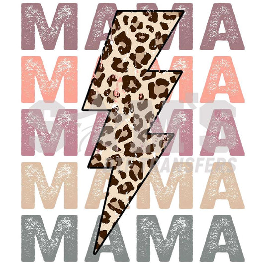 Striking 'MAMA' DTF transfer in a bold lightning bolt design with leopard print and distressed lettering.