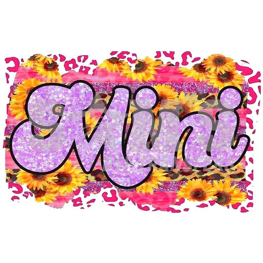 Adorable 'Mini' DTF transfer with a sunflower and purple glitter background, ideal for matching with Mom this Mother's Day.