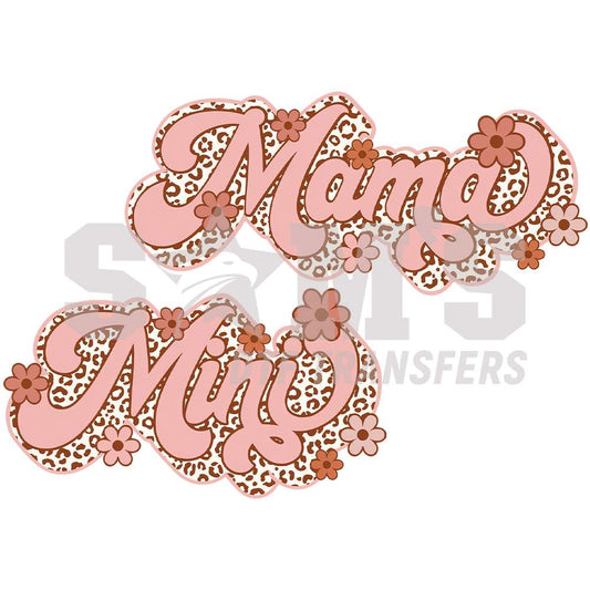 Boho chic 'Mama' and 'Mini' matching DTF transfer set adorned with leopard print and floral accents for a trendy mommy-and-me style.