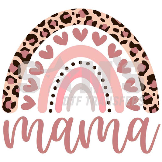 Soft pink rainbow with hearts and leopard pattern with 'mama' script below, DTF transfer design for Mother's Day.