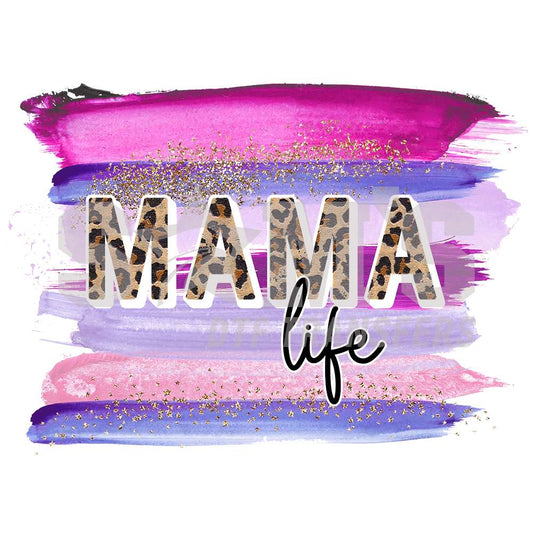 Vibrant 'MAMA Life' DTF transfer with a brushstroke background in purple and pink, accented with sparkling glitter.