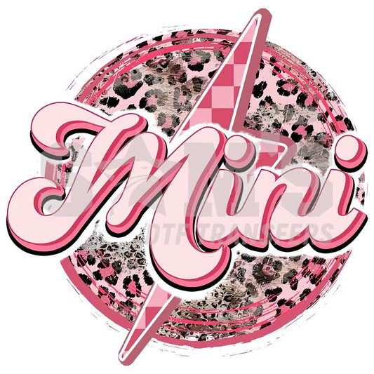 Adorable 'Mini' script with a chic leopard and pink checkered background DTF transfer, perfect for mommy-and-me matching outfits.