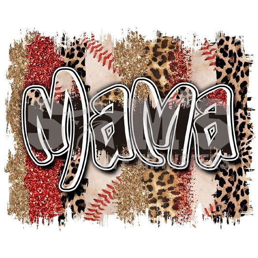 Fierce 'MAMA' DTF transfer with a blend of sports baseball and leopard print elements, ideal for sporty and stylish moms.