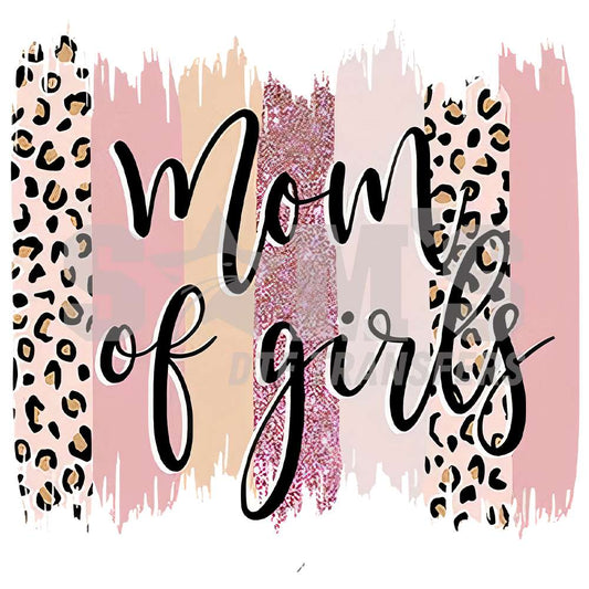Stylish 'Mom of Girls' DTF transfer with leopard print and glitter stripes for a trendy Mother's Day look.  Sam's dTF Transfers.