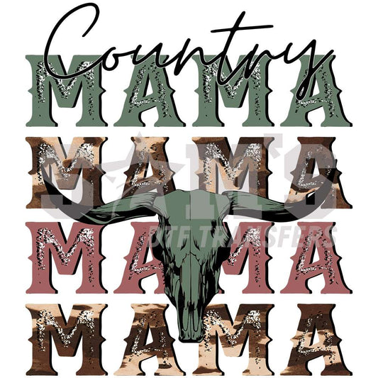 Rustic 'Country Mama' DTF transfer featuring a cow skull and camouflage pattern, ideal for moms with a western flair.