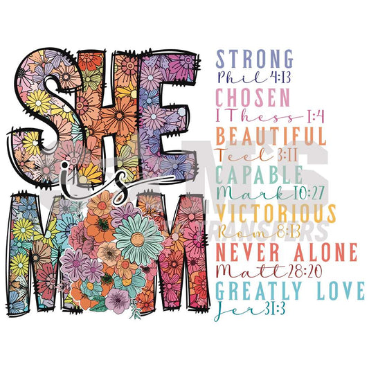 Inspirational 'She is Mom' DTF transfer filled with vibrant florals and empowering Bible verses, perfect for a faith-filled Mother's Day. Sam's DTF Transfers