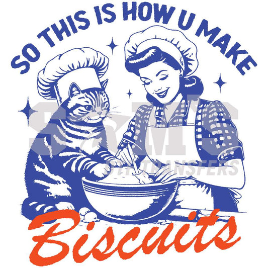 Retro style 'Biscuit Making' DTF transfer featuring a vintage woman and cat in the kitchen, in blue and red colors. Sam's DTF Transfers