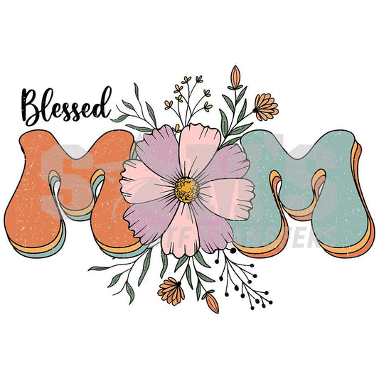 Charming 'Blessed Mom' DTF transfer with a large pink flower and dainty foliage. Sam's DTF Transfers