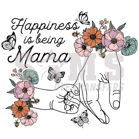 Elegant graphic design of hand and floral accents with 'Happiness is being Mama' text for Sam's DTF transfer.
