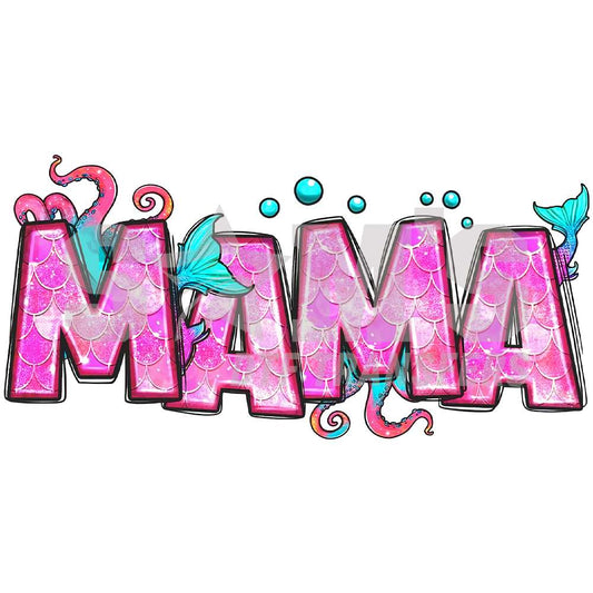 Shimmering mermaid scales within 'MAMA' text, accented with whimsical tentacles and bubbles, ready-to-press DTF design.