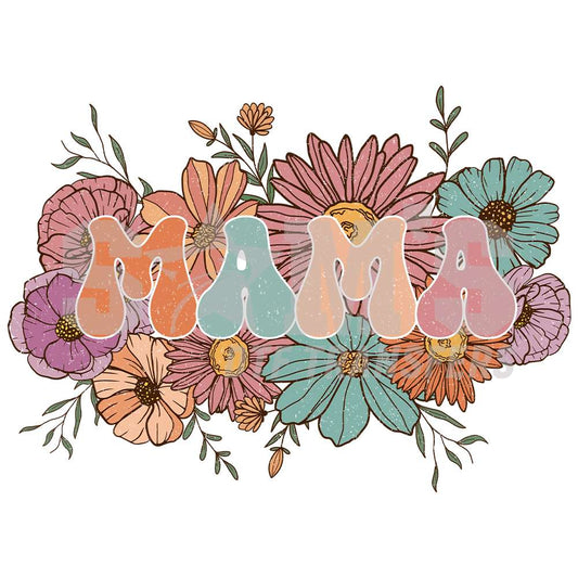 Hand-drawn 'MAMA' with pastel wildflowers design. Sam's DTf Transfers