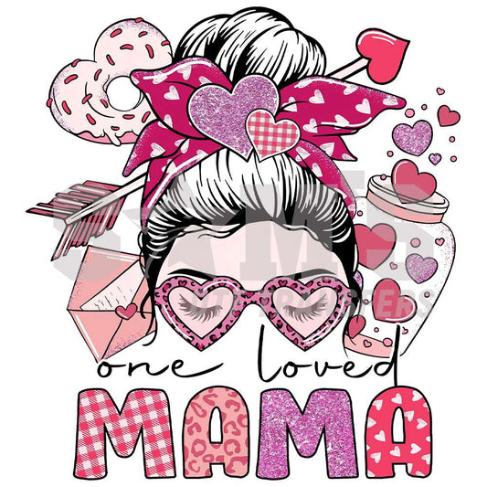 Sweet 'One Loved MAMA' DTF transfer design featuring heart-shaped glasses, a bow, donut, and a coffee cup with heart motifs.