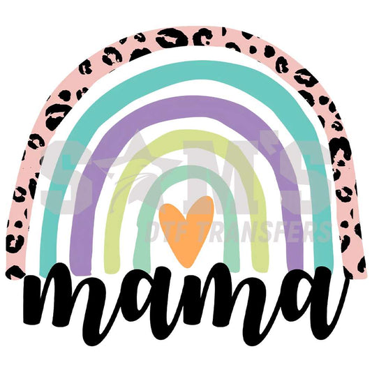 Colorful rainbow with leopard print 'mama' DTF transfer design, featuring a pastel palette and a central heart, perfect for Mother's Day.