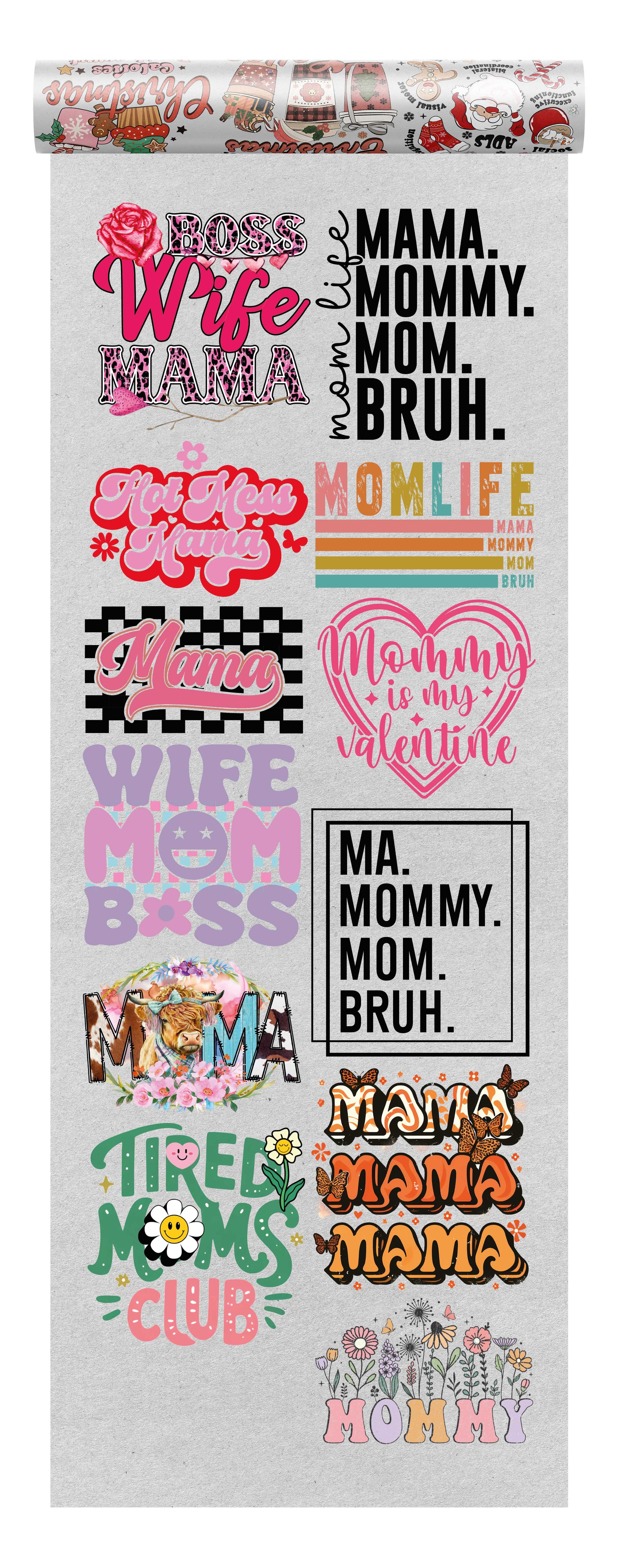 Mom Life DTF heat transfer bundle featuring 12 trendy and fun ready-to-press designs, including mom quotes, motherhood humor, boss mom graphics, and self-love typography.