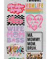 Mom Life DTF heat transfer bundle featuring 12 trendy and fun ready-to-press designs, including mom quotes, motherhood humor, boss mom graphics, and self-love typography.