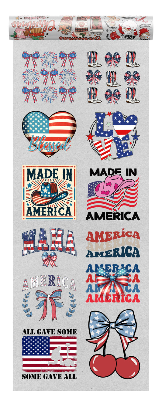 Patriotic DTF heat transfer bundle featuring 12 ready-to-press USA-themed designs, including American flag graphics, military appreciation, Memorial Day quotes, and bold patriotic typography.