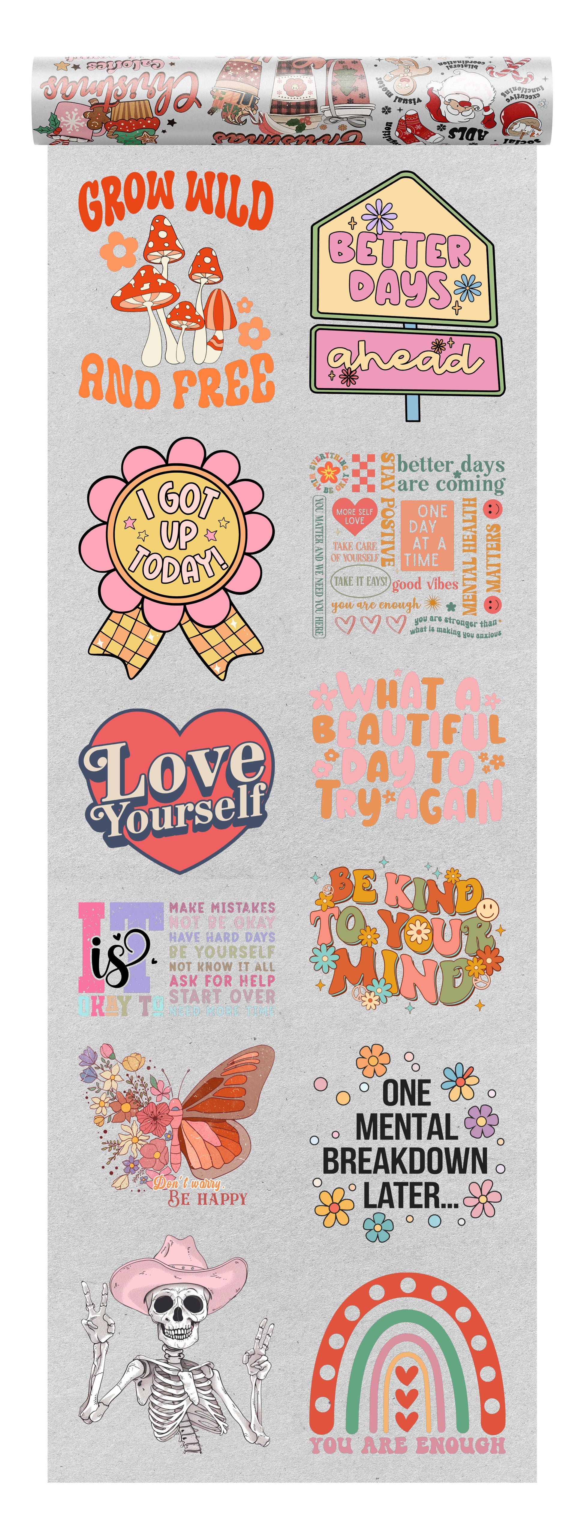 Mental health DTF heat transfer bundle featuring 12 ready-to-press positive affirmation designs, including self-love quotes, mental wellness reminders, and uplifting typography.