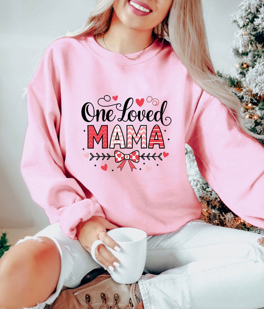 Mother's Day "One Loved Mama" ready-to-press DTF transfer design on a pink sweatshirt