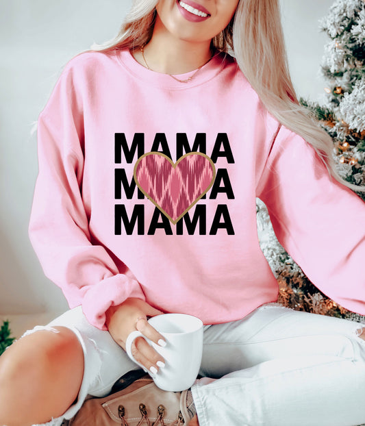 "Mama Mama Mama" ready-to-press DTF transfer design with a patterned heart on a pink sweatshirt