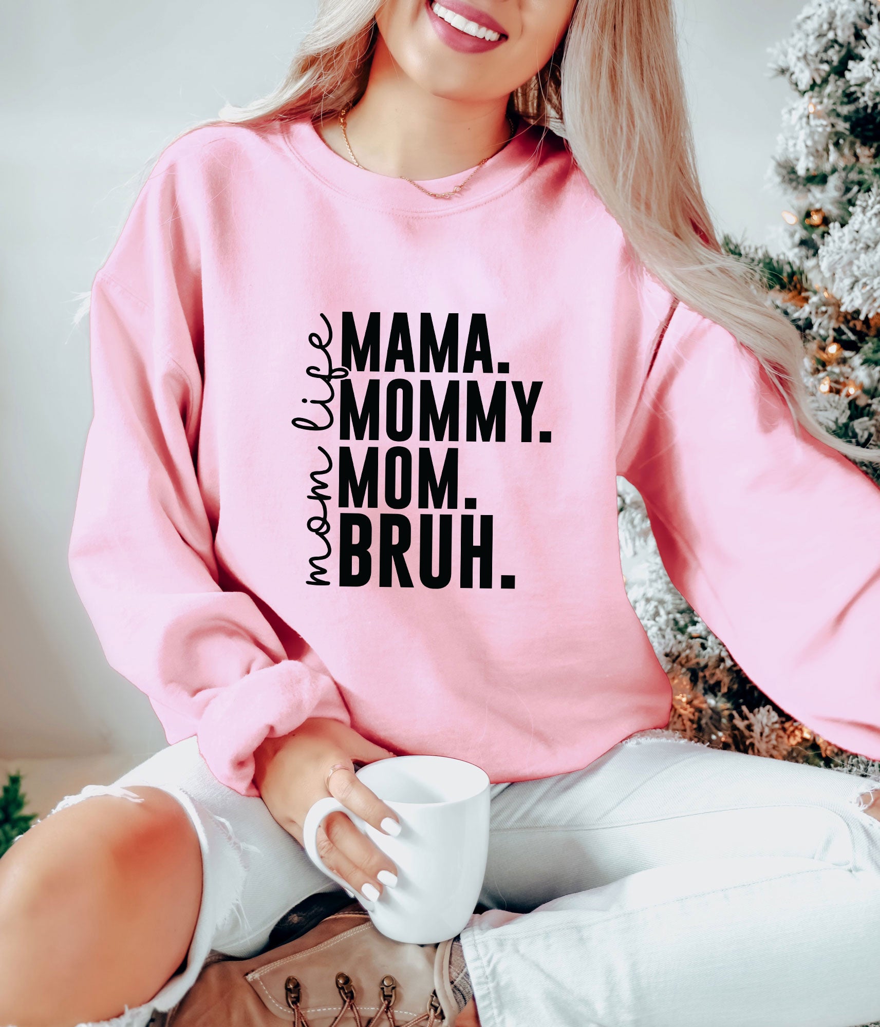 "Mom Life" ready-to-press DTF transfer design on a pink sweatshirt