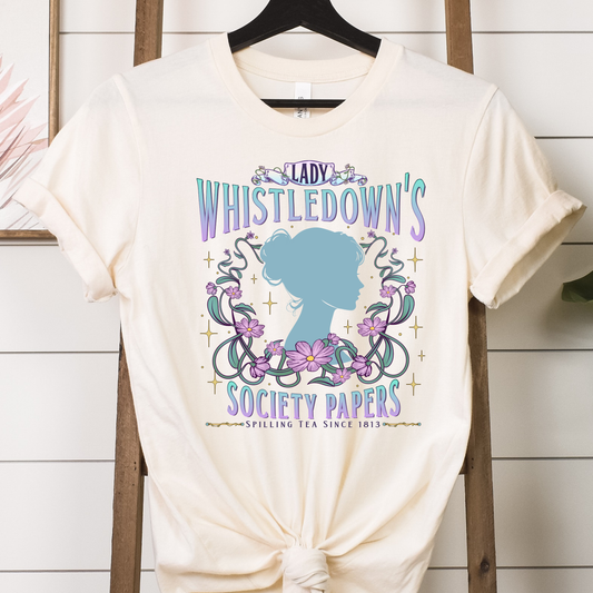 "Lady Whistledown's Society Papers" DTF transfer design on a cream t-shirt featuring a Regency-inspired silhouette with florals and elegant text.