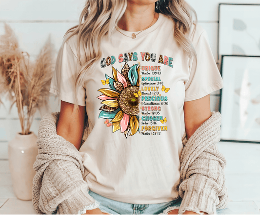 "God Says You Are" Sunflower Scripture Ready-to-Press DTF Transfer - Sam's DTF Transfers