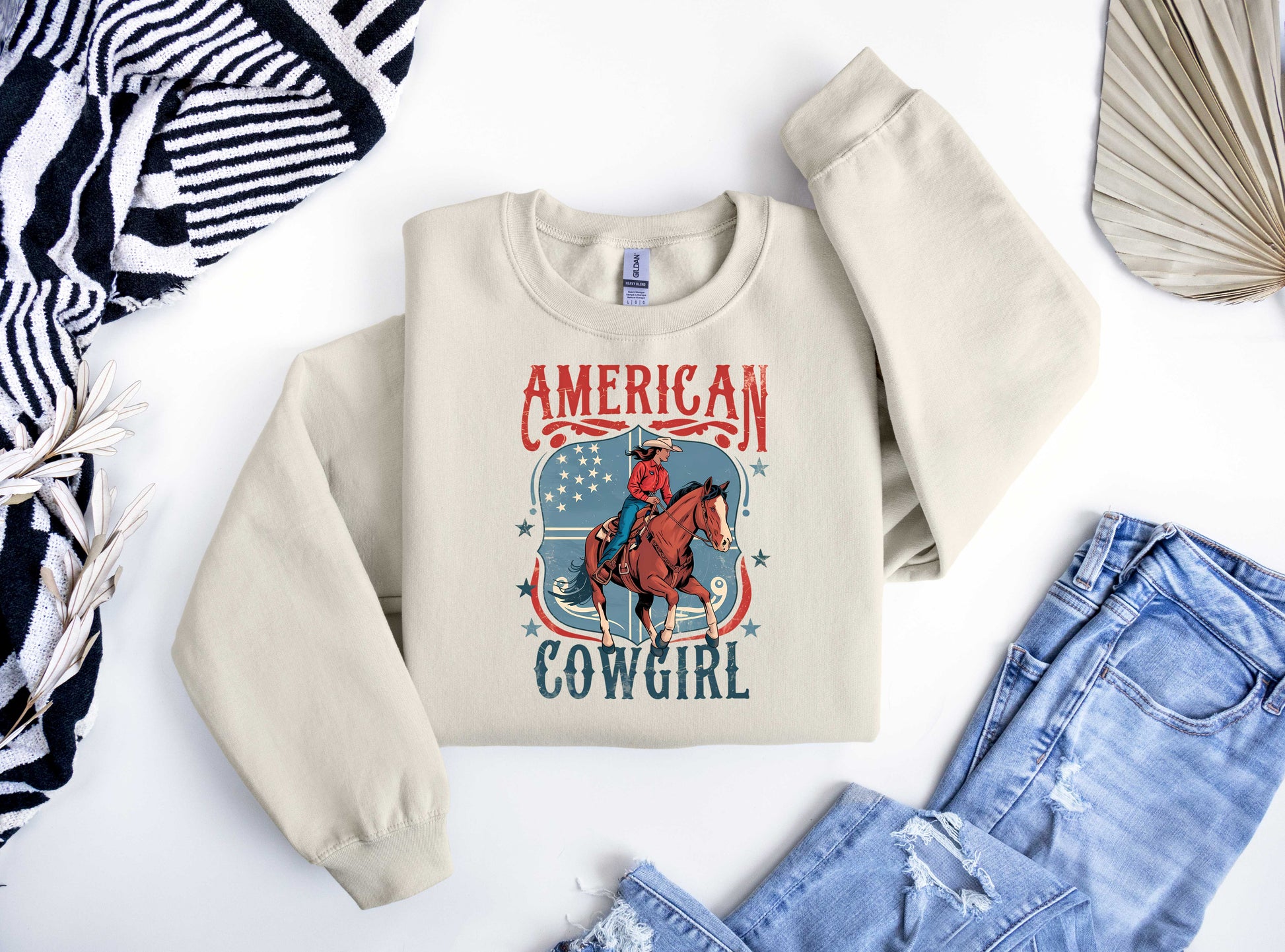 American cowgirl patriotic ready-to-press DTF transfer with vintage Western design