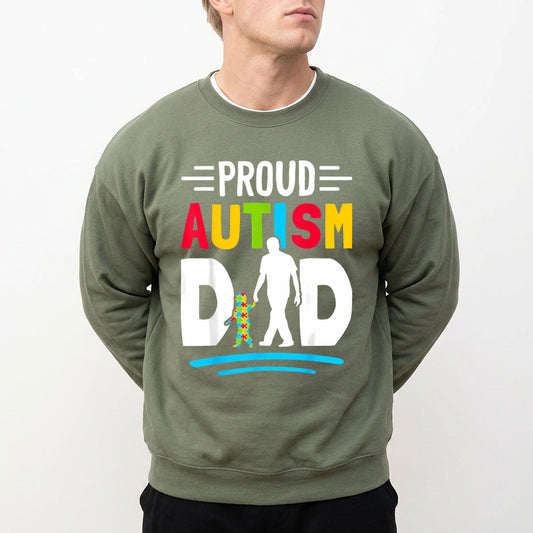 Green sweatshirt with 'Proud Autism Dad' text and graphic. Autism Dad PNG DTF Trasnefr design, Proud Autism Dad, Autism Awareness DTF Shirt Design, Father's Day DTF.