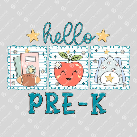 Apparel featuring a Hello Pre-K-themed DTF transfer.