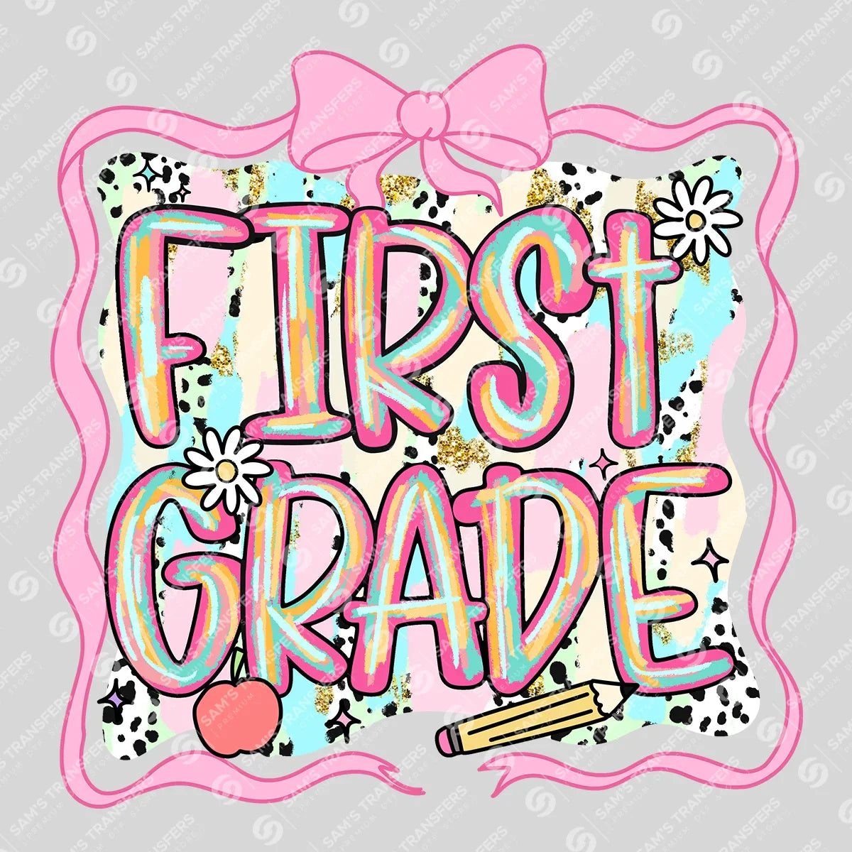 Apparel featuring a First Grade Pink Bow-themed DTF transfer.