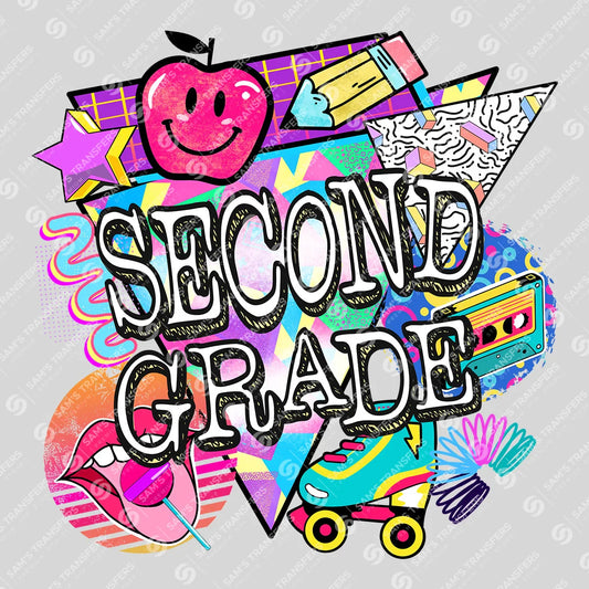 Apparel featuring a Second Grade Retro-themed DTF transfer.