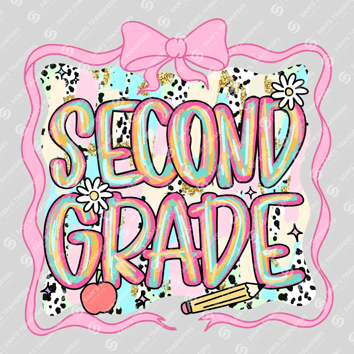 Apparel featuring a Second Grade Pink Bow-themed DTF transfer.