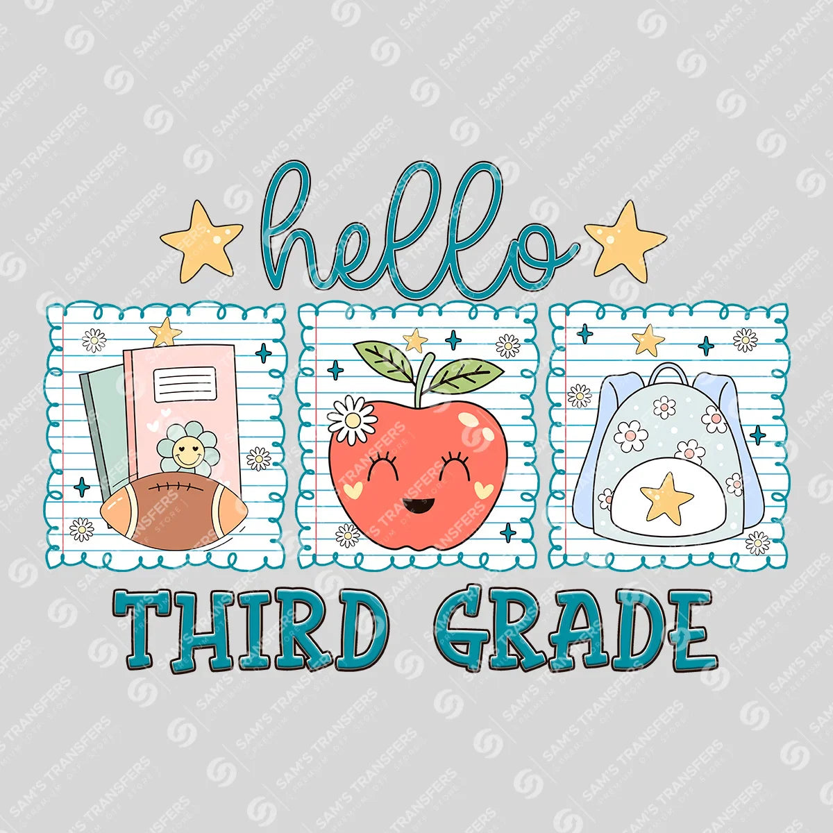 Apparel featuring a Hello Third Grade-themed DTF transfer.