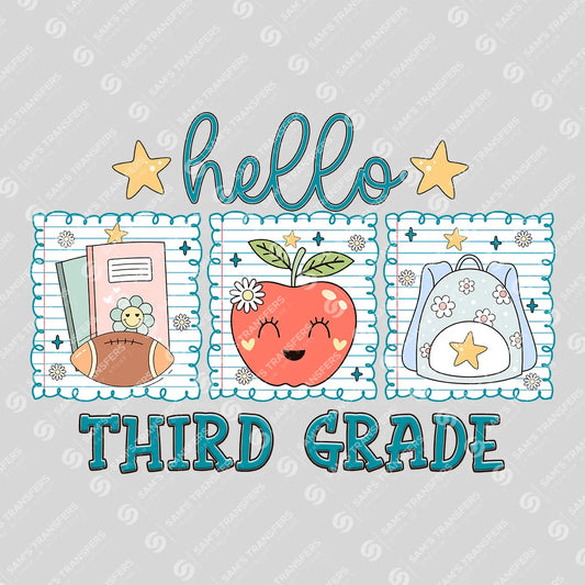 Apparel featuring a Hello Third Grade-themed DTF transfer.