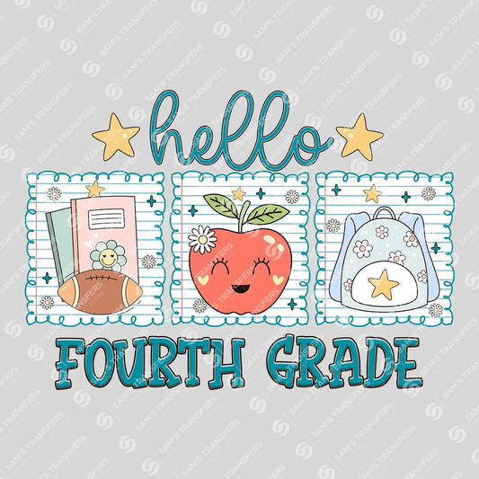 Apparel featuring a Hello Fourth Grade-themed DTF transfer.