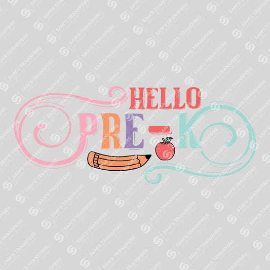 Apparel featuring a Hello Pre-K-themed DTF transfer.