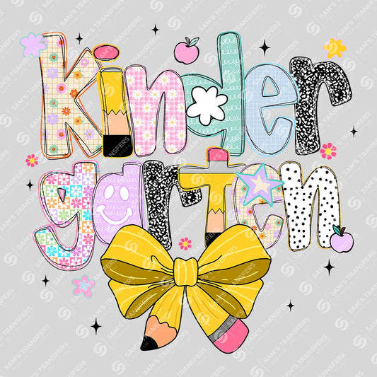 Apparel featuring a Kindergarten Bow-themed DTF transfer.