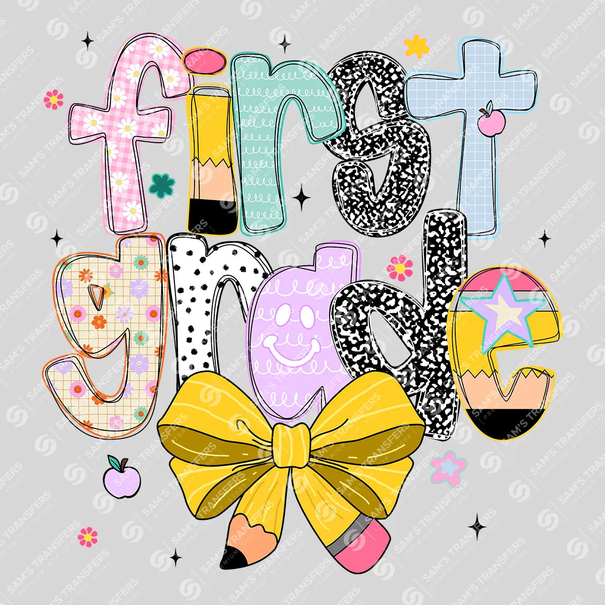Apparel featuring a First Grade Bow-themed DTF transfer.