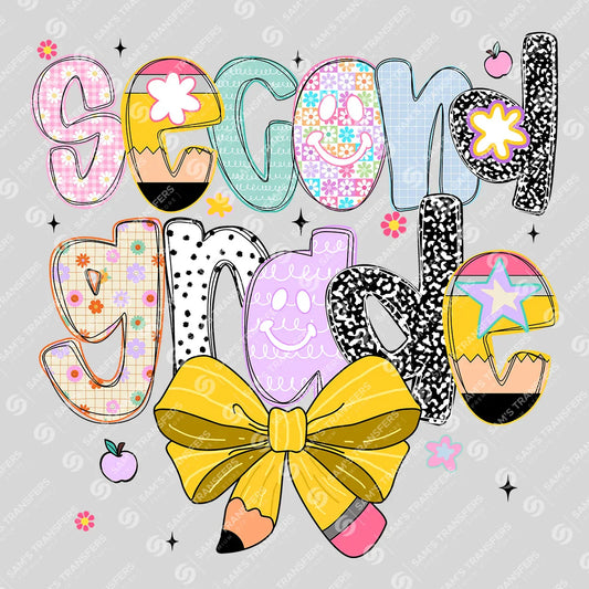 Apparel featuring a Second Grade Bow-themed DTF transfer.