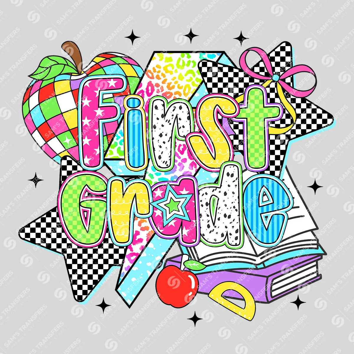 Apparel featuring a First Grade Stars-themed DTF transfer.
