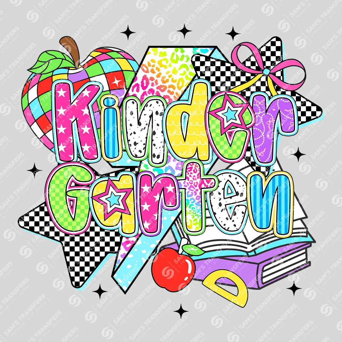 Apparel featuring a Kindergarten Stars-themed DTF transfer.