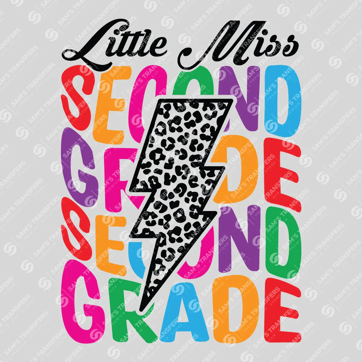 Apparel featuring a Little Miss Second Grade Leopard-themed DTF transfer.