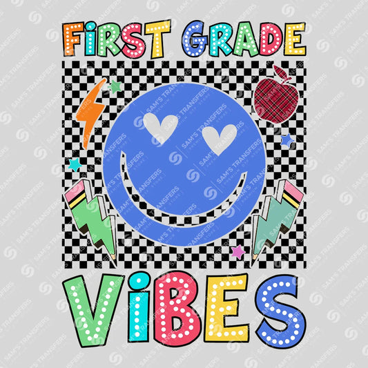 Apparel featuring a First Grade Vibes-themed DTF transfer.