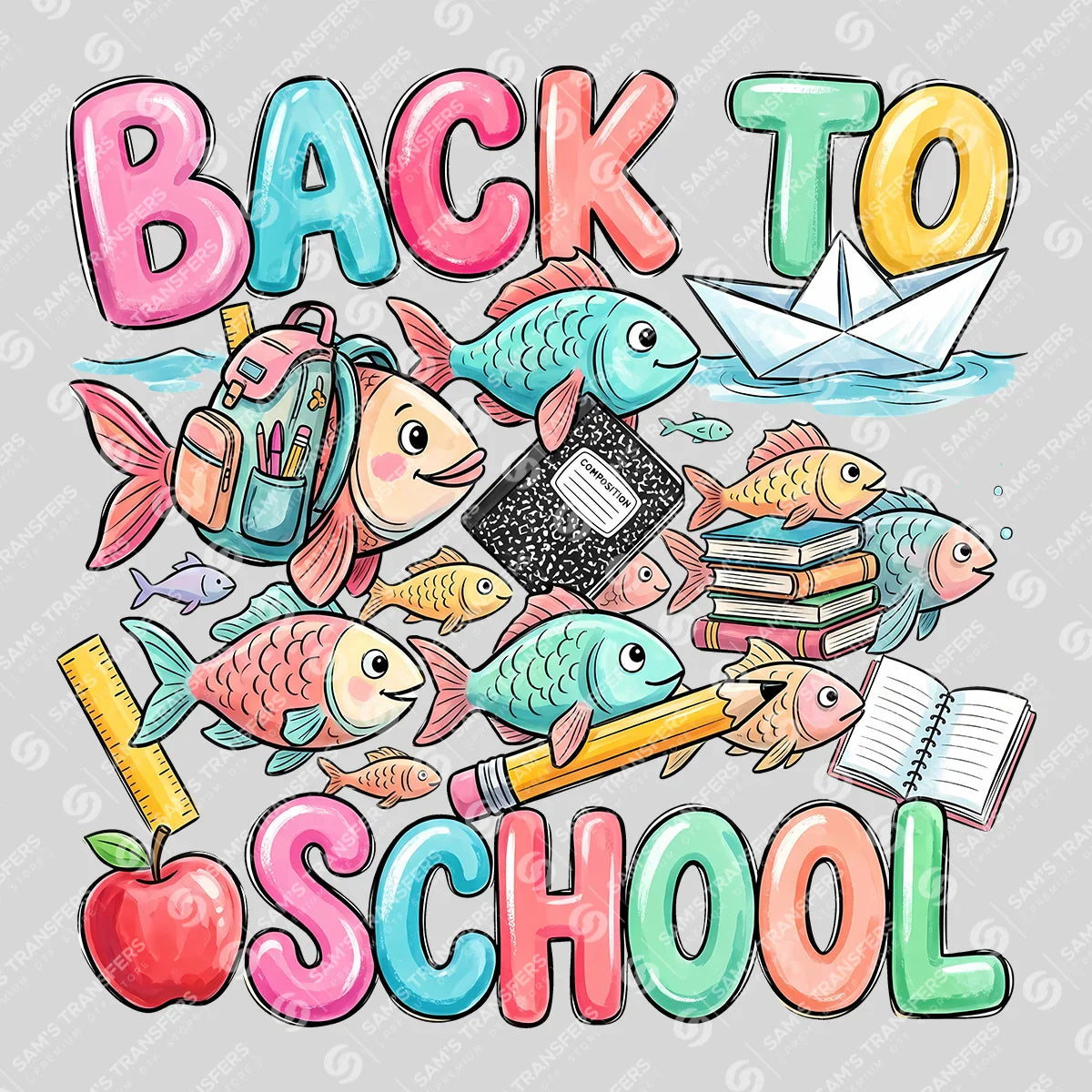 Apparel featuring a Back to School Fish-themed DTF transfer.