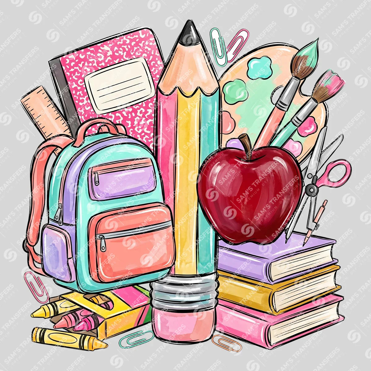 Apparel featuring a School Supplies Backpack-themed DTF transfer.
